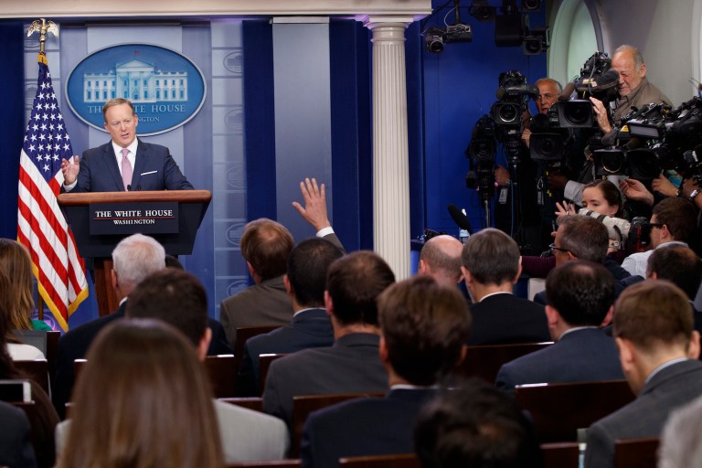 Spicer said the White House press team always tries to provide the information they have at the time. (AP Photo/Evan Vucci) 
		