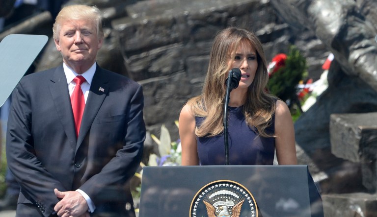 First Lady Melania Trump speaks at the Warsaw Uprising Monument in Poland, ahead of President Trump's speech. (AP Photo/Alik Keplicz)