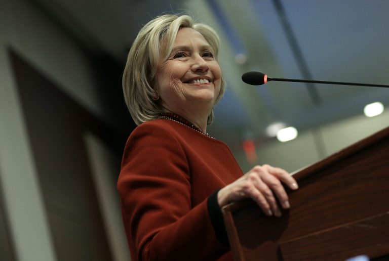 Former U.S. Secretary of State Hillary Clinton speaks at an award ceremony for the 2015 Toner Prize for Excellence in Political Reporting March 23, 2015 in Washington, DC. (Photo by Win McNamee/Getty Images)