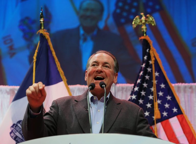 Former Arkansas Governor Mike Huckabee speaks at the Iowa Faith & Freedom 15th Annual Spring Kick Off, in Waukee, Iowa, Saturday, April 25, 2015. (AP Photo/Nati Harnik)