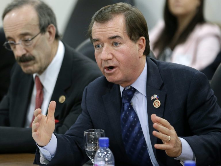 Visiting U.S. Rep. Edward Royce, R-Calif., Chair of the House Committee on Foreign Affairs delivers his opening statement Tuesday, Jan. 29, 2013, in Manila, Philippines. At left is U.S. Rep. Eliot Engel, D-New York. (AP Photo/Bullit Marquez)