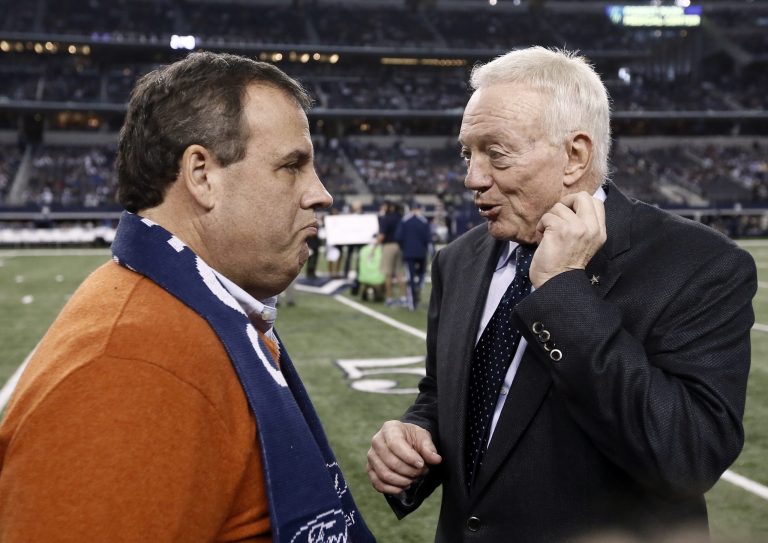 New Jersey Gov. Chris Christie, left, talks with Dallas Cowboys team owner Jerry Jones, right, before an NFL football game against the Indianapolis Colts, in this, Dec. 21, 2014 file photo taken in Arlington, Texas.Â says he's been a Cowboys fan since he was a kid when Hall-of-Famer Roger Staubach was playing.Â (AP Photo/Brandon Wade, File)