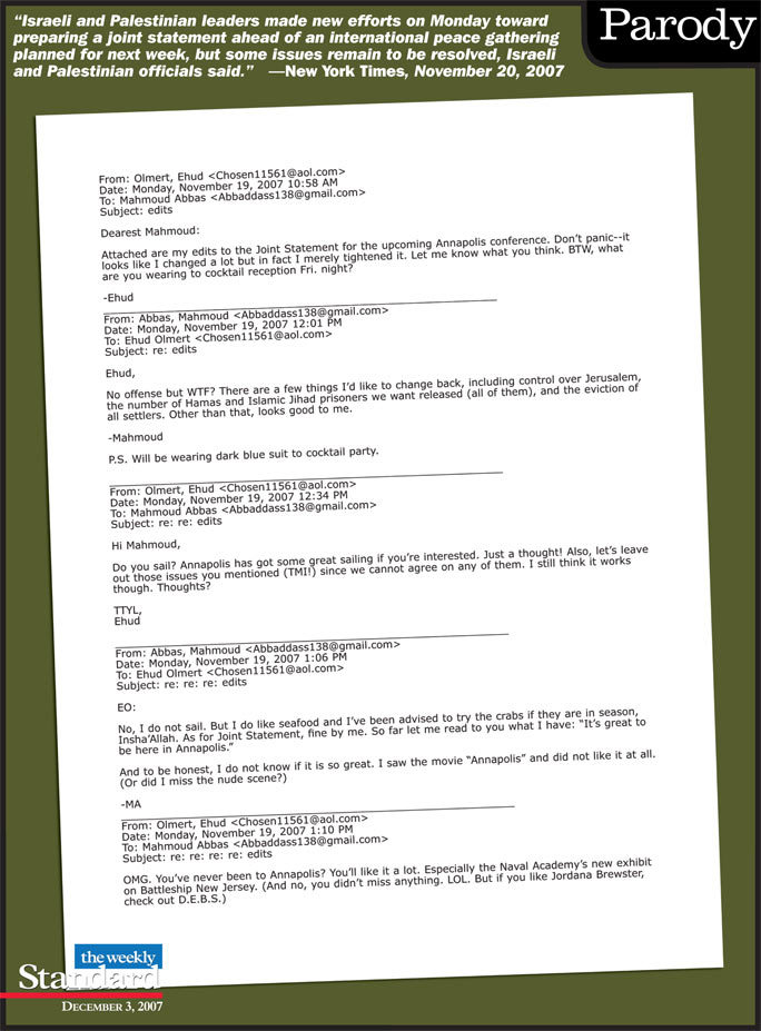 Olmert and Abbas trade emails about Annapolis