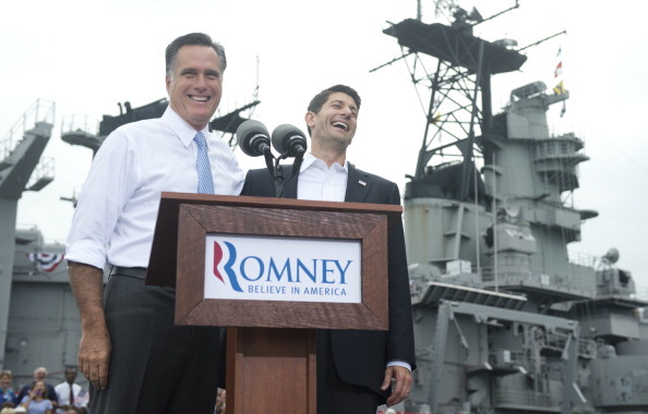 Mitt Romney announces Wisconsin Rep. Paul Ryan( R) as his vice presidential running mate during a campaign rally at the Nauticus Museum after touring the USS Wisconsin in Norfolk. (Getty Images)