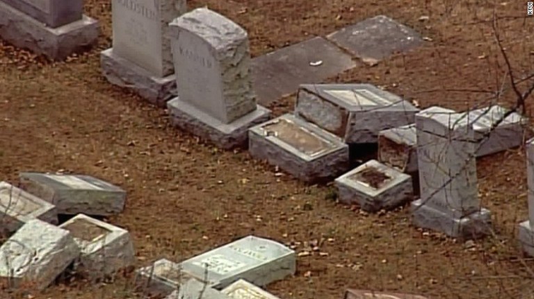 A crowdfunding page that was organized by the Muslim community wants to pay for 100 headstones that were destroyed at a Jewish cemetery in St. Louis. (Screenshot, CNN)