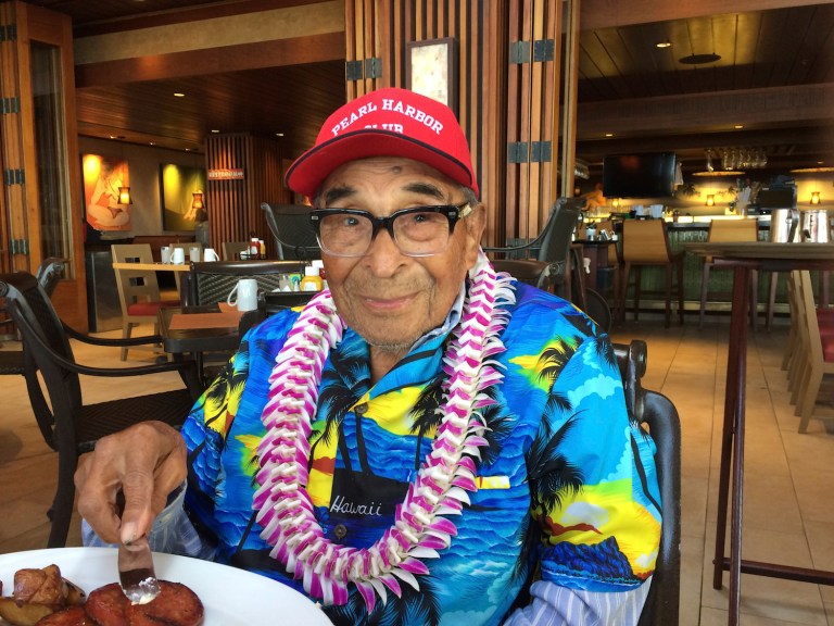 Trump sent a personalized letter wishing a happy 105th birthday to Ray Chavez, the oldest living Pearl Harbor vet. (AP Photo/Audrey McAvoy)