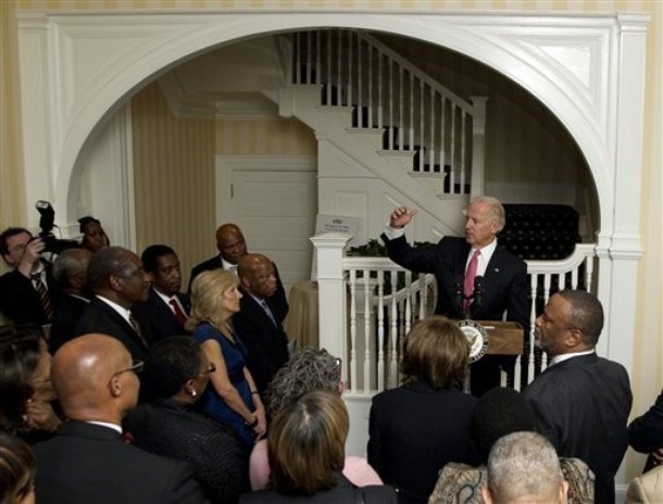 Vice President Joe Biden speaks at last year's Black History Month Reception at the Naval Observatory. Standing left is Rep. John Lewis, D-Ga., and Jill Biden. (AP Photo/Carolyn Kaster)