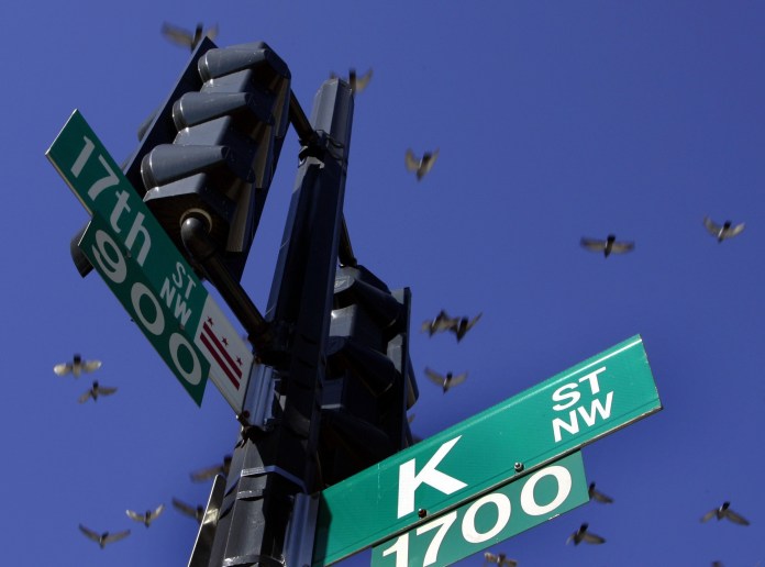 Charles Dharapak/AP
Pigeons fly over the intersection of 17th and K streets in northwest Washington.