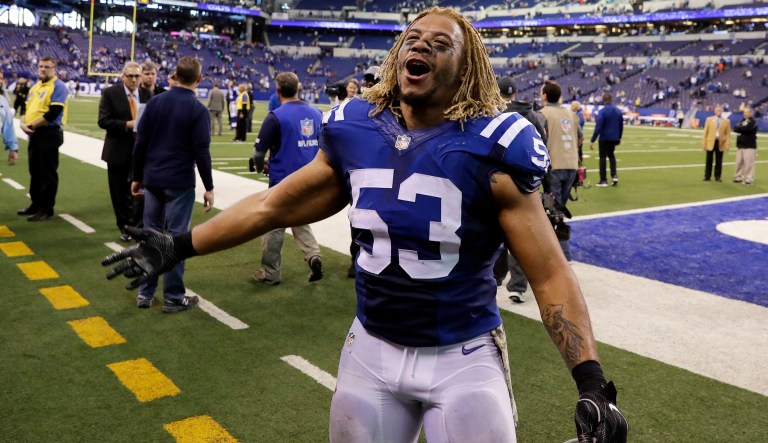 Indianapolis Colts linebacker Edwin Jackson, 26, was one of two men killed when a suspected drunken driver struck them as they stood outside their car along a highway in Indianapolis. Authorities say the driver that struck them before dawn on Sunday tried to flee on foot but was quickly captured. (AP Photo/Darron Cummings, File)