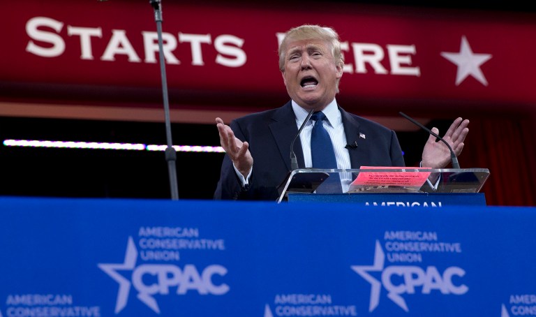 Donald Trump speaks during the Conservative Political Action Conference (CPAC) in National Harbor, Md., Friday, Feb. 27, 2015. (AP Photo/Carolyn Kaster)