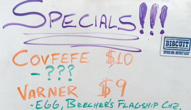 The Seattle Biscuit Company included a photo of its specials board with its application to the Patent and Trademark Office, which includes the $10 