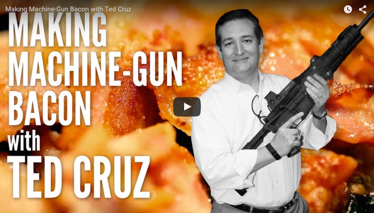 Sen. Ted Cruz used a semi-automatic rifle to cook bacon. (Screenshot)
