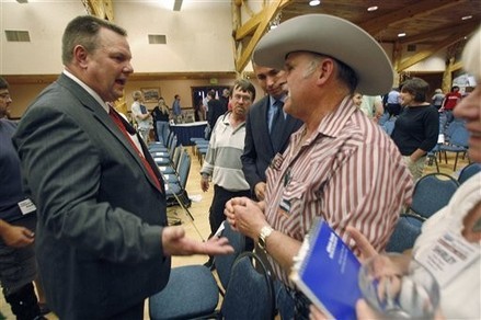 Sen. Jon Tester, D-Mont., answers a question from an unidentified audience member, after the first debate of the 2012 election against Rep. Denny Rehberg, R-Mont., in Big Sky, Mont. on Saturday, June 16, 2011. (AP Photo/Michael Albans)