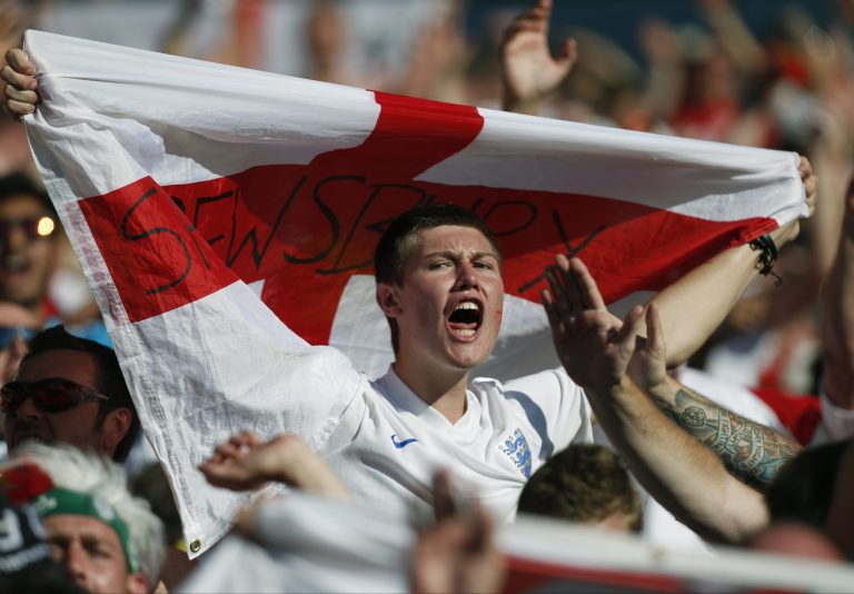 An England fan shouts during the group D World Cup soccer match between Costa Rica and England at the Mineirao Stadium in Belo Horizonte, Brazil, Tuesday, June 24, 2014. (AP Photo/Jon Super)