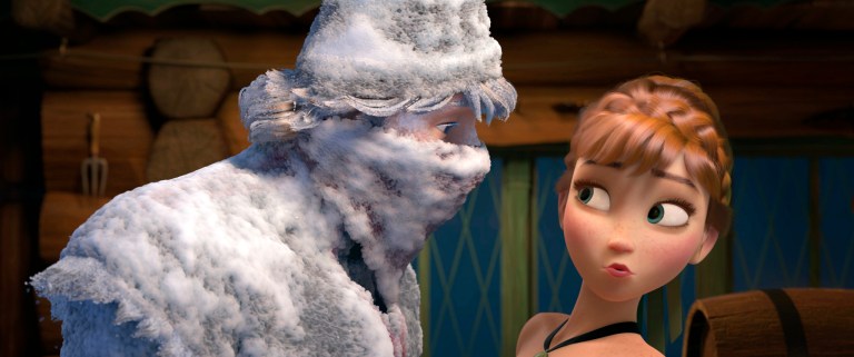 FILE - This file image released by Disney shows Kristoff, voiced by Jonathan Groff, left, and Anna, voiced by Kristen Bell, in a scene from the animated feature film, 