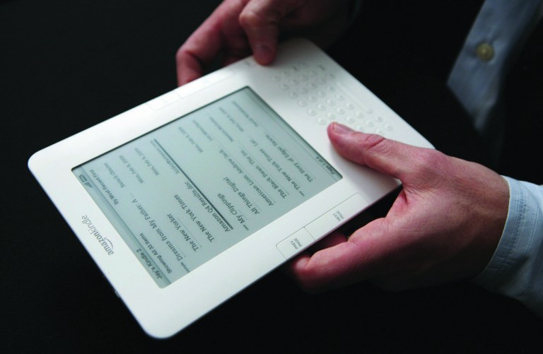 FILE - In this Feb. 9, 2009 file photo, the Kindle 2 electronic reader is shown at an Amazon.com news conference in New York. Macmillan CEO John Sargent said he was told Friday, Jan. 29, 2010, that its books would be removed from Amazon.com, as would e-books for Amazon's Kindle e-reader. (AP Photo/Mark Lennihan, file)