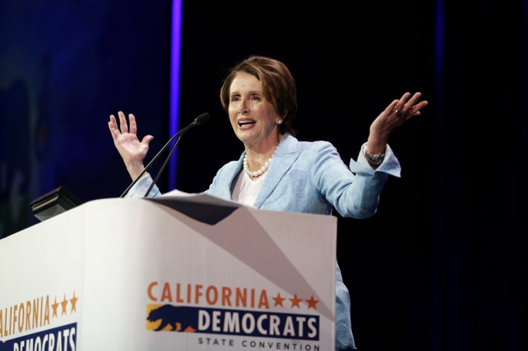 House Minority Leader Nancy Pelosi, D-Calif., speaks during a general session of the California Democratic Party state convention on March 8 in Los Angeles. (AP Photo/Jae C. Hong)