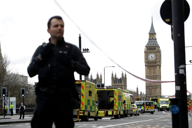 Police secure the area close to the Houses of Parliament in London, Wednesday, March 22, 2017. (AP Photo/Matt Dunham)