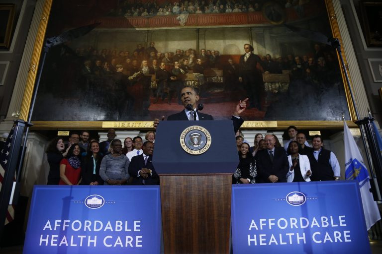 President Barack Obama speaks at Boston's historic Faneuil Hall about the federal health care law. (AP/Charles Dharapak)