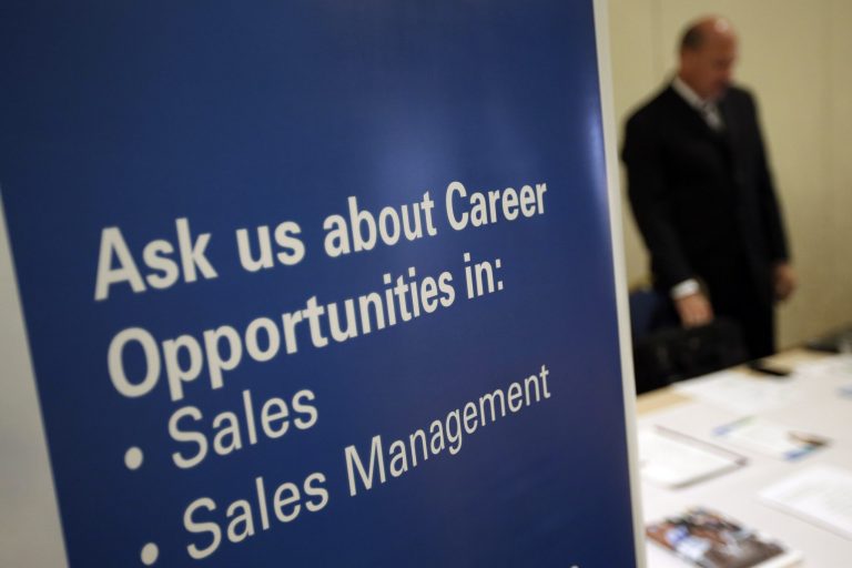 The Labor Department says that the four-week average of applications, a less volatile measure, fell 4,750 to 316,250. (AP Photo/Matt Slocum, File)