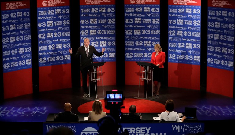 The race between Democratic nominee and former ambassador to Germany Phil Murphy and Republican Lt. Gov. Kim Guadagno is set for Nov. 7 but has consistently been upstaged by events in Washington and the end of outgoing Gov. Chris Christie's time in office. (AP Photo/Julio Cortez, pool)