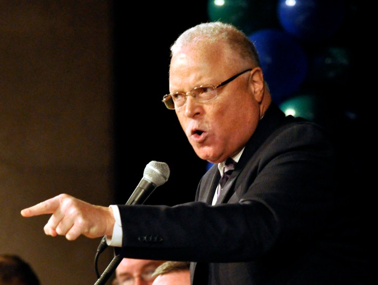  FILE - In this March 6, 2012 file photo AFSCME Secretary-Treasurer Lee A. Saunders speaks in Albany, N.Y. A heated battle is taking place inside the American Federation of State, County and Municipal Employees after its failed effort this week to oust Wisconsin Gov. Scott Walker. At stake is the future direction of the 1.3-million-member government workers union following the labor movement's biggest political loss in three decades. (AP Photo/Stewart Cairns, File)  
