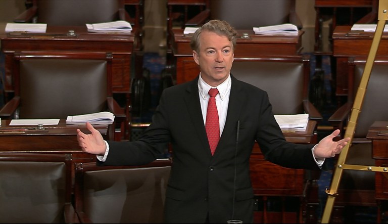Rand Paul is delaying a unanimous consent agreement to expedite the process of considering the continuing resolution. (Senate TV via AP)