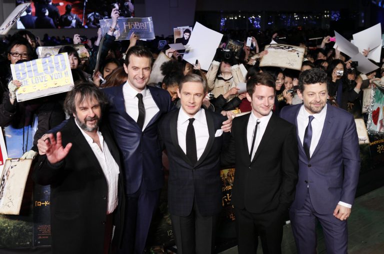   FILE - In this Dec. 1, 2012 file photo, director Peter Jackson, left, and actors, from left, Richard Armitage, Martin Freeman, Elijah Wood and Andy Serkis, pose for photographers upon arrival for the Japan premiere of their film 