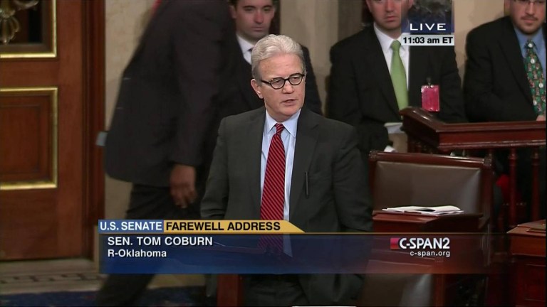 This frame grab from video, provided by C-SPAN2 shows Sen. Tom Coburn, R-Okla. giving his farewell address on the floor of the Senate on Capitol Hill in Washington, Thursday, Dec. 11, 2014. (AP Photo/C-SPAN2)