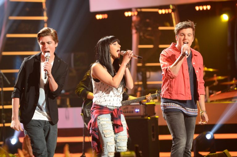 In this photo provided by FOX Broadcasting, from left, Sam Woolf, Jena Irene and Alex Preston perform on the April 30, 2014, episode of the 13th season of 