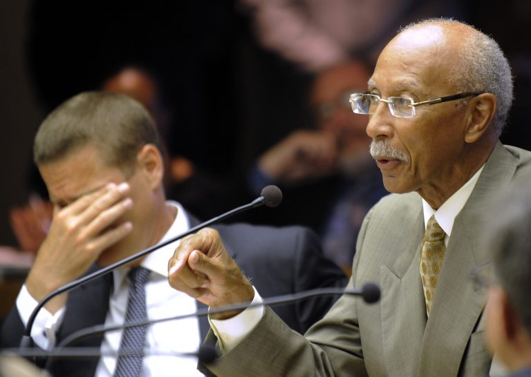   Detroit Mayor Dave Bing, right, speaks before the Detroit City Council in Detroit on Monday June 11, 2012 as Chris Brown, Detroit's chief operating officer, listens at left. Bing and City Council members held a spirited debate Monday about the city's corporation counsel's decision to legally challenge the consent agreement, with the mayor warning the state will let the city run out of cash this week. Bing told City Council that state revenue sharing likely will be withheld unless a lawsuit challenging Gov. Rick Snyder's consent agreement with the city is dropped. (AP Photo/The Detroit News, David Coates) DETROIT FREE PRESS OUT; HUFFINGTON POST OUT  