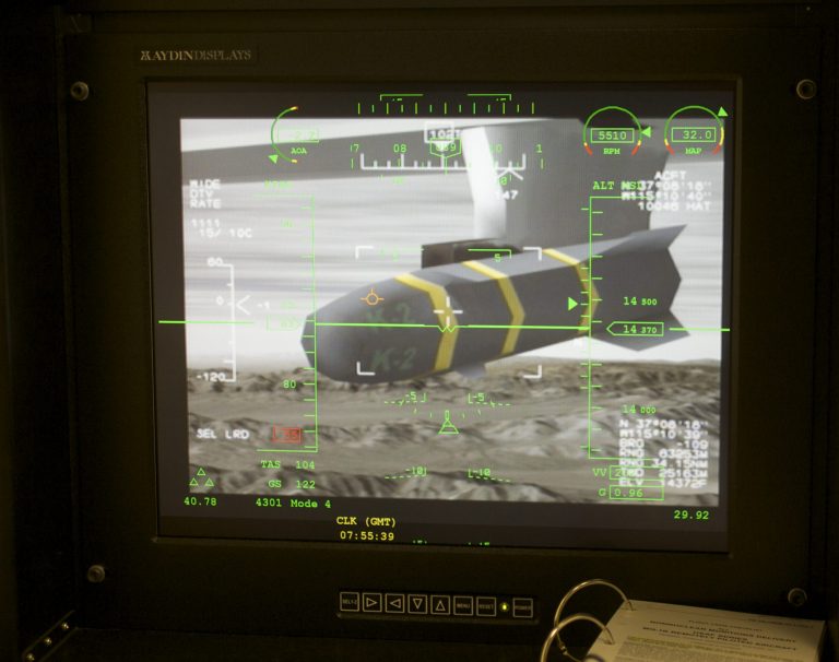 An unmanned aerial vehicle's Predator Hellfire missile is shown on a simulator's virtual camera. (AP Photo/Damian Dovarganes)