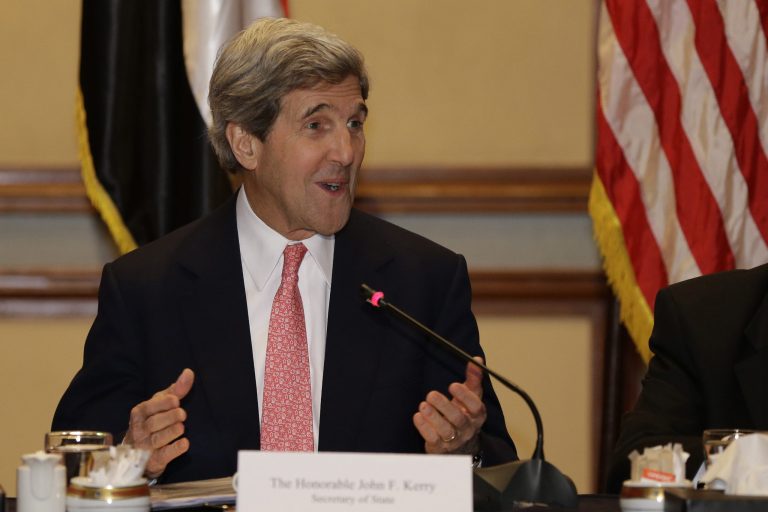 U.S. Secretary of State John Kerry gives a statement to the media at the start of a meeting with business leaders in Cairo, Egypt on Saturday, March 2, 2013. Cairo is the sixth leg of Kerry's first official overseas trip and begins the Middle East portion of his nine-day journey. (AP Photo/Jacquelyn Martin, Pool)