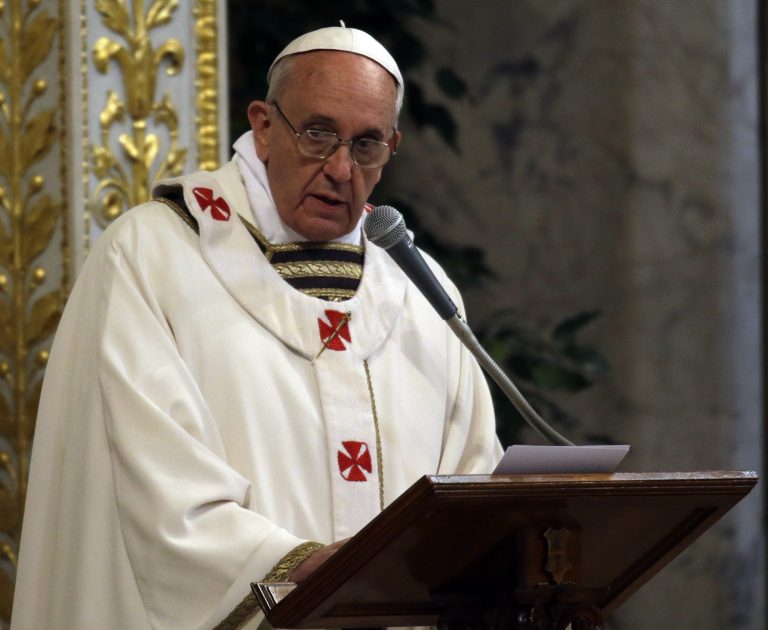 Pope Francis celebrates a Mass in St. Paul Outside the Walls Basilica in Rome, Sunday, April 14, 2013. (AP Photo/Gregorio Borgia)