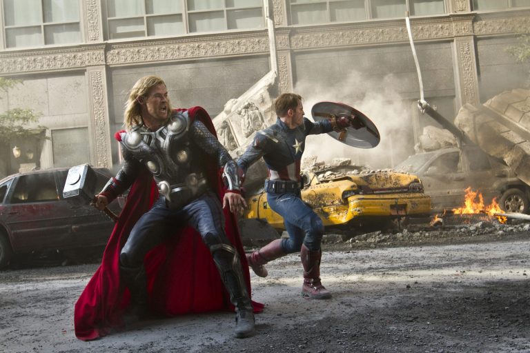   FILE - In this publicity film image released by Disney, Chris Hemsworth portrays Thor, left, and and Chris Evans portrays Captain America, in a scene from 
