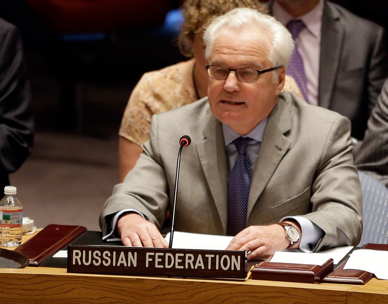 Russian U.N. Ambassador Vitaly Churkin speaks as the U.N. Security Council meets to discuss the humanitarian situation in Ukraine, Tuesday, Aug. 5, 2014, at the United Nations headquarters. The spread of fighting into Donetsk could result in an alarming escalation in the humanitarian crisis gripping the country's easternmost regions. (AP Photo/Frank Franklin II)