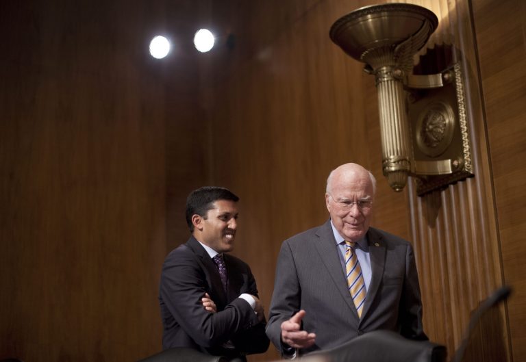 Senate subcommittee on State, Foreign Operations and Related Programs Chairman Sen. Patrick Leahy, D-VT., right, talks with US Agency for International Development (USAID) Administrator Dr. Rajiv Shah on Capitol Hill in Washington, Tuesday, April 8, 2014, following the committee's hearing of the USAID's fiscal 2015 budget. Leahy demanded to know who came up with the idea to launch a secret 