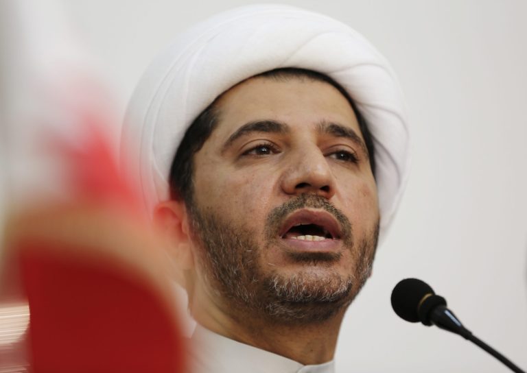Sheik Ali Salman, leader of the main Shiite opposition group Al-Wefaq, explains why his and other opposition groups are refusing to participate in upcoming elections at a press conference in Manama, Bahrain, Saturday, Oct. 11, 2014. Opposition leaders announced Saturday that the Al-Wefaq society and four smaller groups will boycott the Nov. 22 parliamentary and municipal elections in the Gulf island kingdom. (AP Photo/Hasan Jamali)