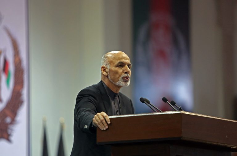 Afghan President Ashraf Ghani speaks during a ceremony marking the first anniversary of the death of former Afghan Vice President Marshal Mohammed Qasim Fahim, in Kabul, Afghanistan, Monday, March, 9, 2015. (AP Photo/Rahmat Gul)