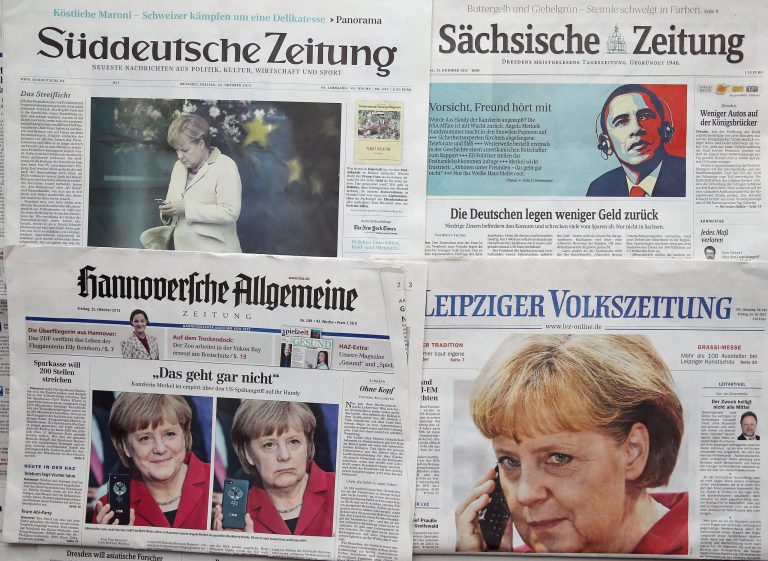 German media reported that German officials have strong evidence indicating that the Nation Security Agency has eavesdropped on Chancellor Merkel's mobile phone. The charge, which has not been denied by the White House outright, has caused a furor among political leaders across Europe.  (Photo by Sean Gallup/Getty Images)