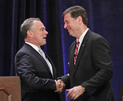 Former Virginia Gov. Timothy M. Kaine, left, and former U.S. Sen. George Allen shake hands aftera debate in Hot Springs, Va. ( AP Photo)