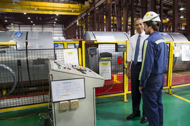 President Obama tours the Millennium Steel Service in Princeton, Ind., Friday, Oct. 3, 2014, before speaking about the economy as part of Manufacturing Day. (AP Photo/Evan Vucci)