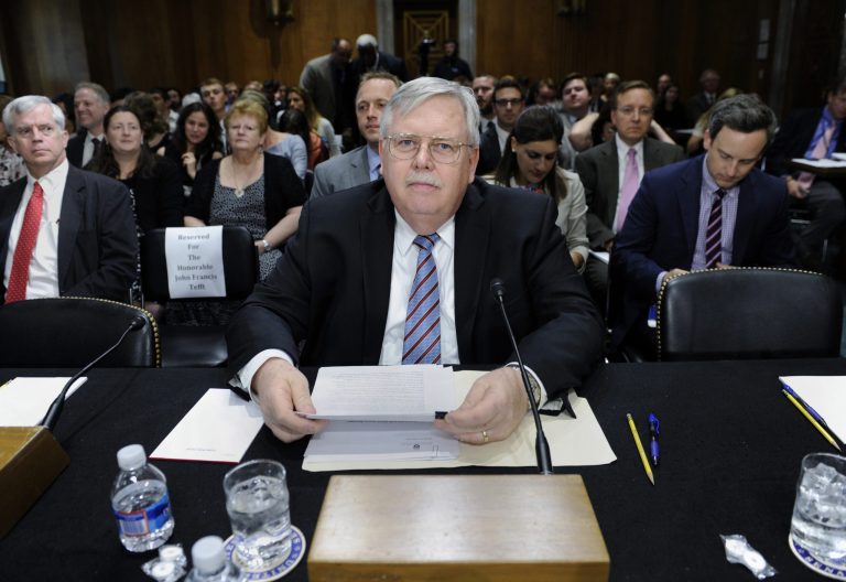 John Tefft of Va., arrives to testify before the Senate Foreign Relations Committee on Capitol Hill in Washington, Tuesday, July 29, 2014, to be the new U.S. Ambassador to Russia. President Barack Obama's earlier announcement that he is tapping Tefft for the high-profile diplomatic post comes amid a crucial period in U.S.-Russia relations, which have been severely tested over President Vladimir Putin's actions in neighboring Ukraine, among other issues. The U.S. Embassy in Moscow has been without an ambassador since February. (AP Photo/Susan Walsh)