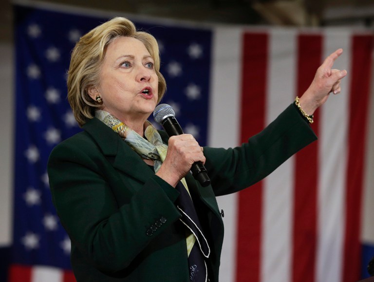 Democratic presidential candidate Hillary Clinton speaks during a rally on Friday, April 8, 2016, in Brighton, N.Y. (AP Photo/Mike Groll)