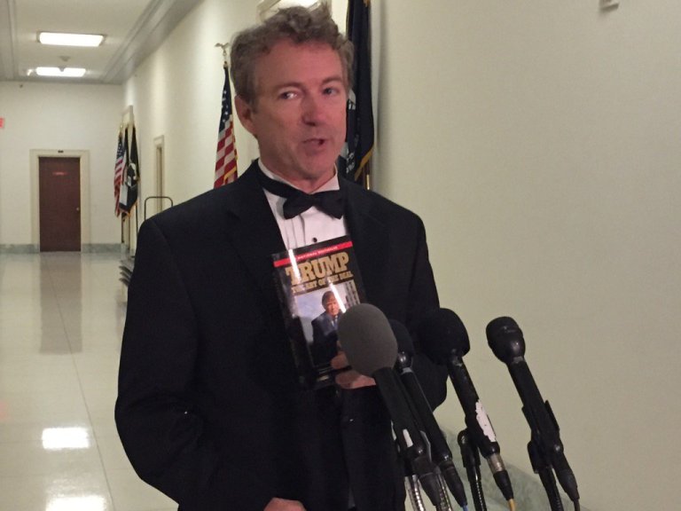 Sen. Rand Paul, R-Ky., brought multiple copies of President Trump's best-selling book The Art of Deal to the House Freedom Caucus meeting Wednesday on the Obamacare replacement bill. (Twitter, @alanhe)