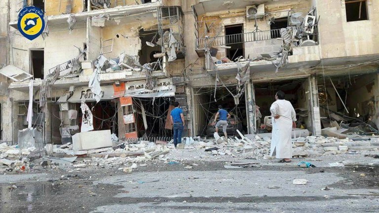 Russian officials on Tuesday said Russian and Syrian warplanes did not hit a United Nations aid convoy near Aleppo with airstrikes Monday. (Syrian Civil Defense White Helmets via AP)