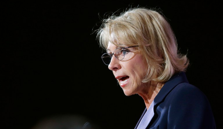 U.S. Education Secretary Betsy DeVos speaks during a dinner hosted by the Washington Policy Center, Friday, Oct. 13, 2017, in Bellevue, Wash. (AP Photo/Ted S. Warren)