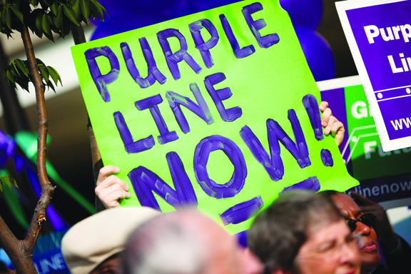 Surrounded by officials and supporters, Maryland Governor Martin O'Malley backs Metro's 16 mile Purple Line which will link Bethesda and New Carrollton. In New Carrollton, MD on Tuesday August 4, 2009.

Andrew Harnik/Examiner