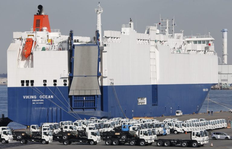   Cars for export park at a port in Yokohama, south of Tokyo, Thursday, Dec. 20, 2012. Japan is reporting its fifth straight month of trade deficits for November, marking a lengthy span of lagging exports that highlights a struggling economy. The Finance Ministry released data Wednesday, Dec. 19, showing the trade deficit soared nearly 38 percent last month compared to November the previous year. (AP Photo/Koji Sasahara)  