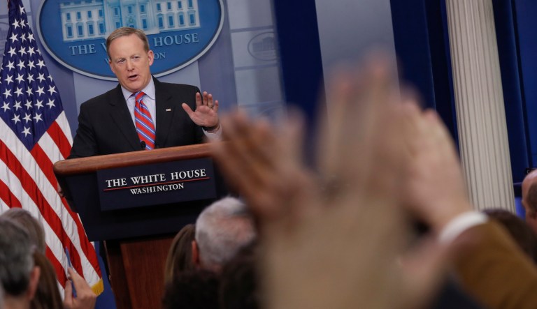 Spicer fought with reporters Thursday over what he said was their refusal to cover lawmakers' comments. (AP Photo/Pablo Martinez Monsivais)